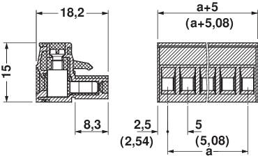 Dessin technique d'un connecteur avec dimensions : hauteur 15 mm, largeur 18,2 mm, vues en coupe détaillées latérales et indications dimensionnelles.