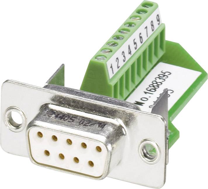 Connecteur avec raccordement à 9 broches et bornes vertes numérotées, utilisé pour les interfaces séries dans les appareils électroniques.