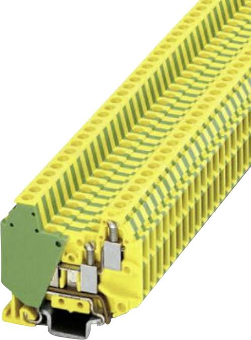 Plusieurs bornes de raccordement jaune-vert alignées en ligne droite, destinées à être utilisées dans des tableaux électriques.
