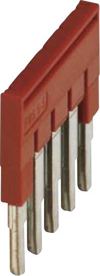 Un clip de pont de jumper rouge avec cinq broches métalliques, utilisé pour les connexions électriques sur les circuits imprimés.