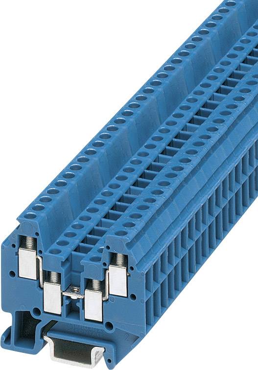 Bloc de bornes à rangée bleue avec plusieurs emplacements de connexion électrique. Adapté pour le montage sur rails DIN dans les tableaux électriques.