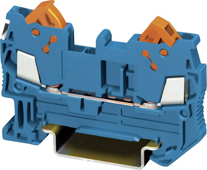 Barrette de connexion de couleur bleue avec des clips orange et des surfaces de contact en métal, utilisée pour établir une connexion électrique sécurisée entre des fils.