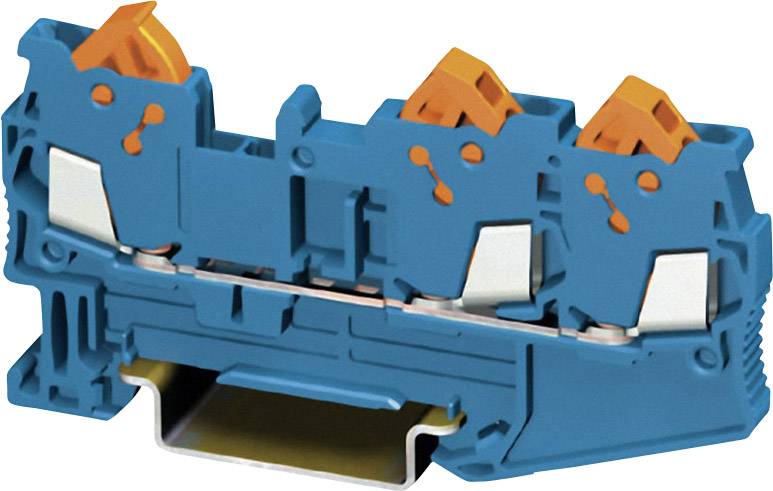 Un bloc de connexion électrique bleu et orange avec trois bornes, utilisé pour connecter des fils dans un circuit électrique.
