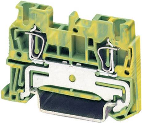 Bloc de bornes électrique vert et jaune avec attaches métalliques, utilisé pour le câblage dans les armoires électriques.