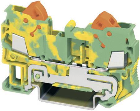 Un bloc de raccordement électrique vert et jaune avec des contacts métalliques. Les leviers orange permettent une fixation sécurisée des câbles.