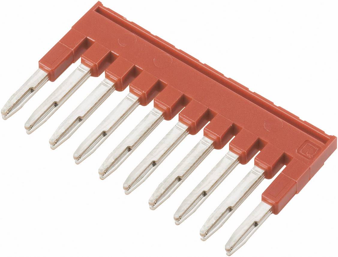 Bloc de saut rouge avec huit broches métalliques pour la connexion et la configuration électriques sur des circuits imprimés.