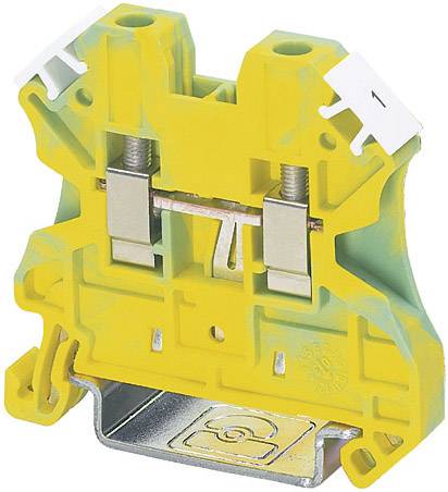 Bloc de bornes de terre jaune-vert avec connexions métalliques et vis pour la connexion électrique dans les tableaux de distribution.