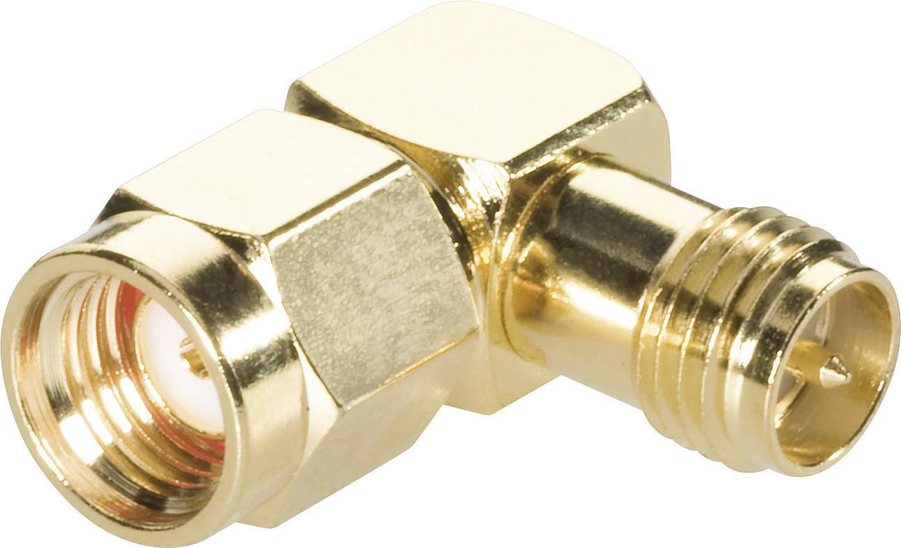 Un adaptateur coudé à 90 degrés en or pour câbles coaxiaux, avec filetage intérieur et extérieur. Conçu pour des adaptations dans des espaces restreints.