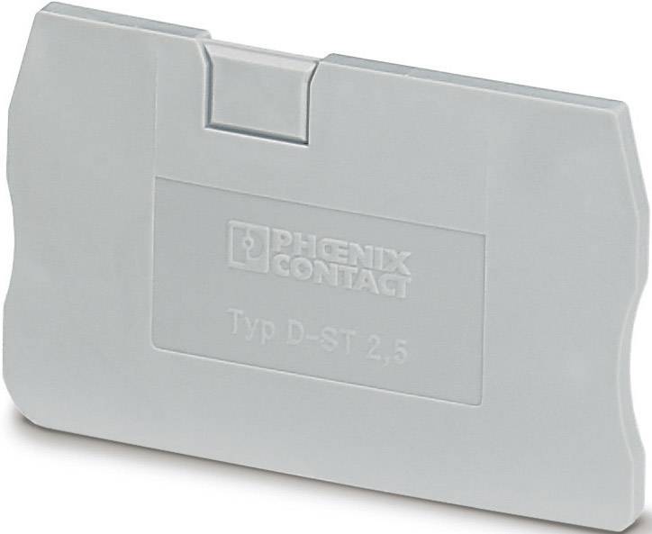 Un élément de couverture en plastique gris clair de PHOENIX CONTACT portant l'inscription 'Type D-ST 2,5'. Forme rectangulaire avec un clip central.