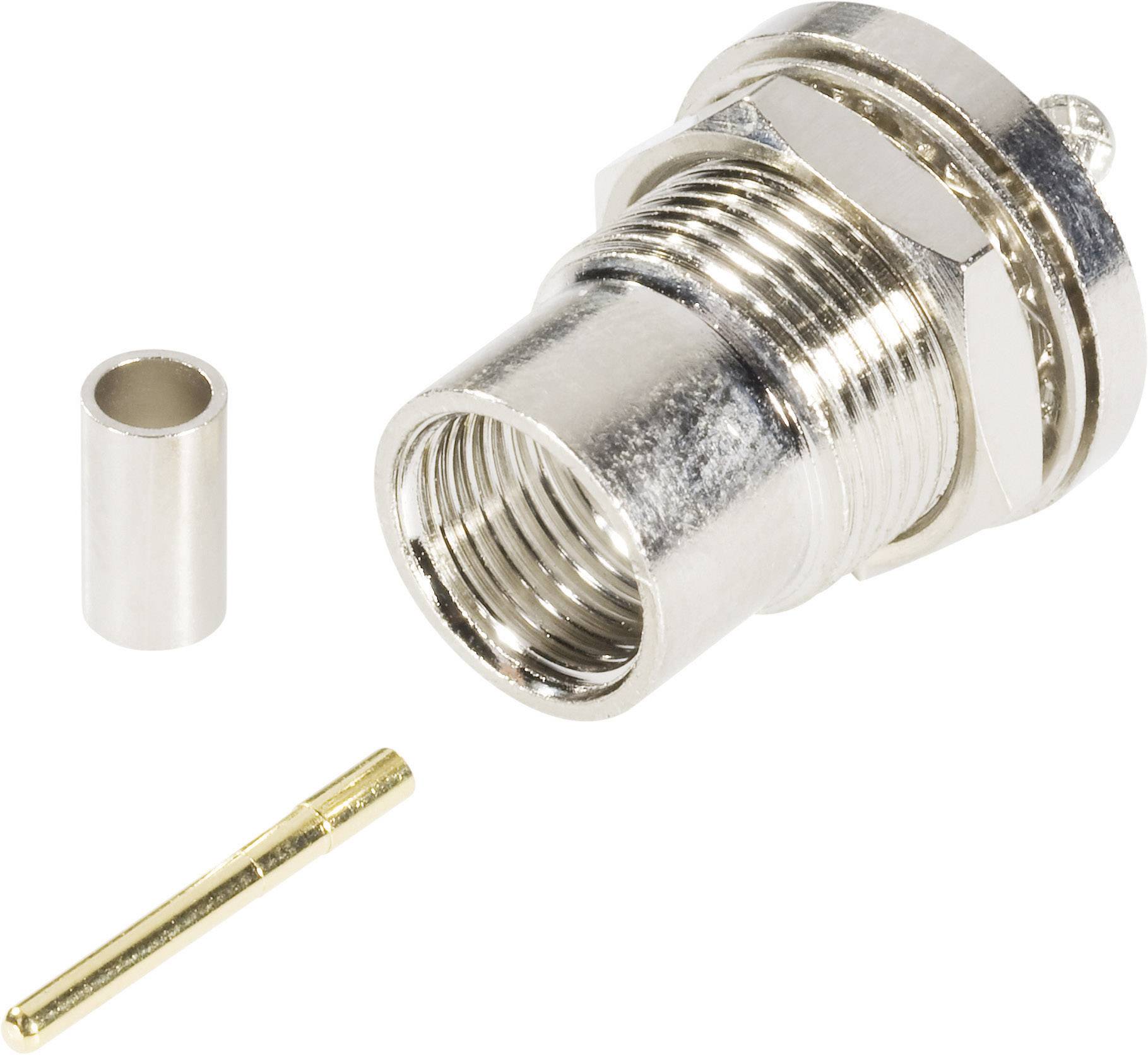 Connecteur métallique fileté externe, composé de deux éléments cylindriques décalés. Utilisé pour les connexions électriques.