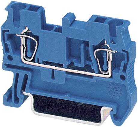 Borne de raccordement électrique bleue avec contact métallique, utilisée pour sécuriser les connexions de câbles dans les armoires électriques.