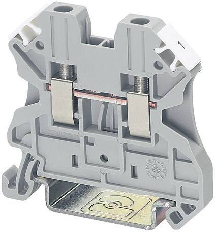 Bloc de connexion électrique gris à deux étages, avec deux bornes à vis, monté sur un rail métallique.