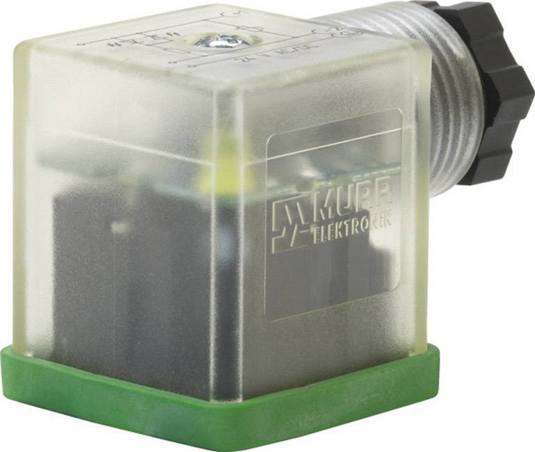 Ein transparentes, quadratisches elektrisches Bauteil mit grünem Sockel und Steckerverbindung. Markierung 'Murrelektronik'.