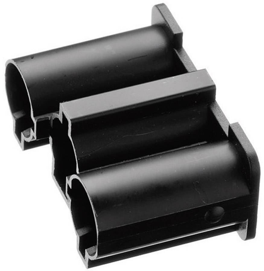 Pièce en plastique noir rectangulaire avec deux tubes cylindriques.