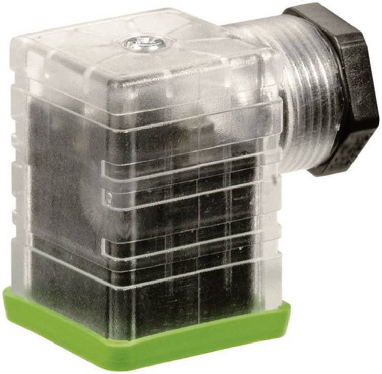 Ein transparenter, rechteckiger Stecker mit grüner Unterkante und schwarzer Schraubbefestigung, geeignet für industrielle Anwendungen.