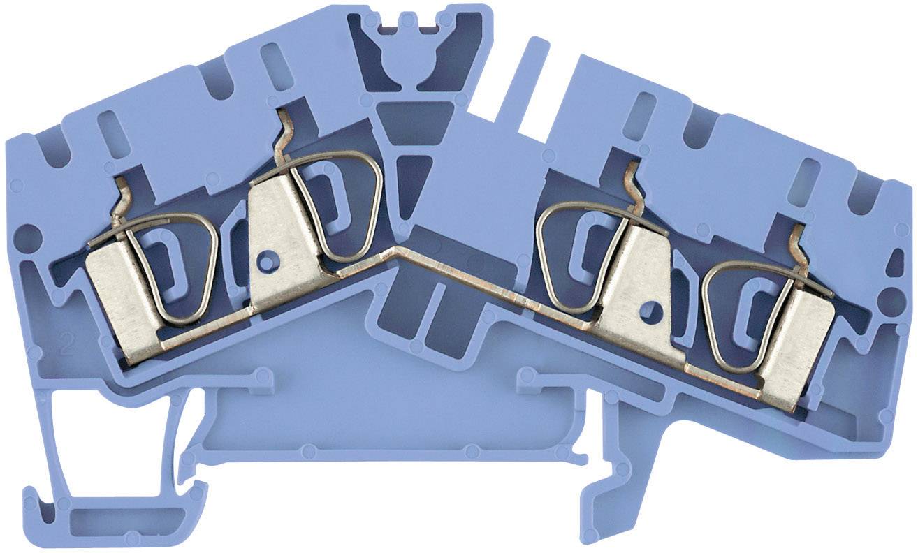 Bloc de bornes électrique bleu avec connexions métalliques au centre, utilisé pour des connexions de fils sécurisées dans les armoires électriques.