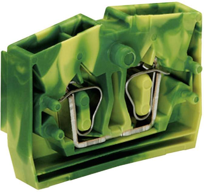 Borne électrique verte avec deux contacts métalliques et boîtier en plastique, vue de face.