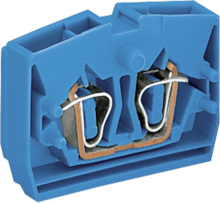 Bloc de connexion électrique bleu avec deux contacts en cuivre et un cavalier métallique, vue de dessus.
