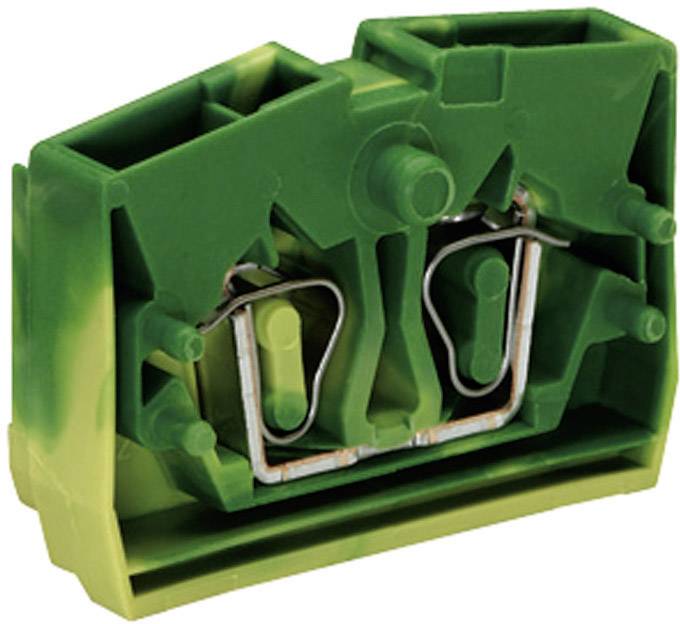 Connecteur en plastique vert avec des pinces métalliques, probablement un connecteur électrique ou un composant similaire.