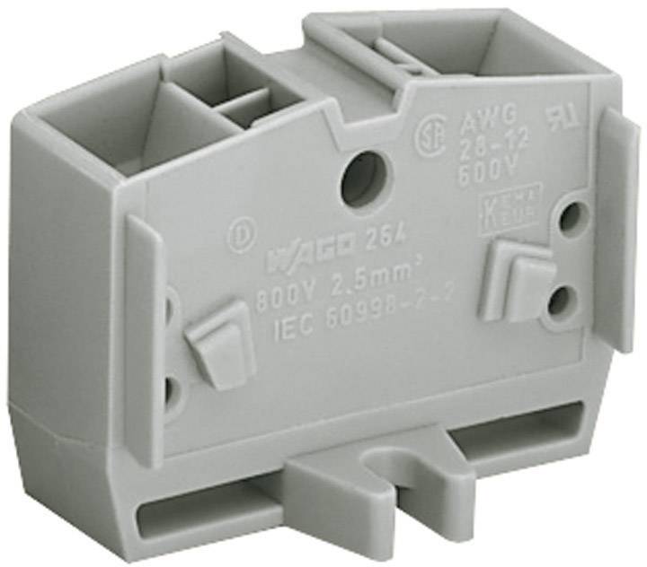 Bloc de connexion gris WAGO, modèle 264, adapté pour 800V, 2,5 mm², conformément à la norme IEC 60998-2-2. Connexions triangulaires et rectangulaires visibles.