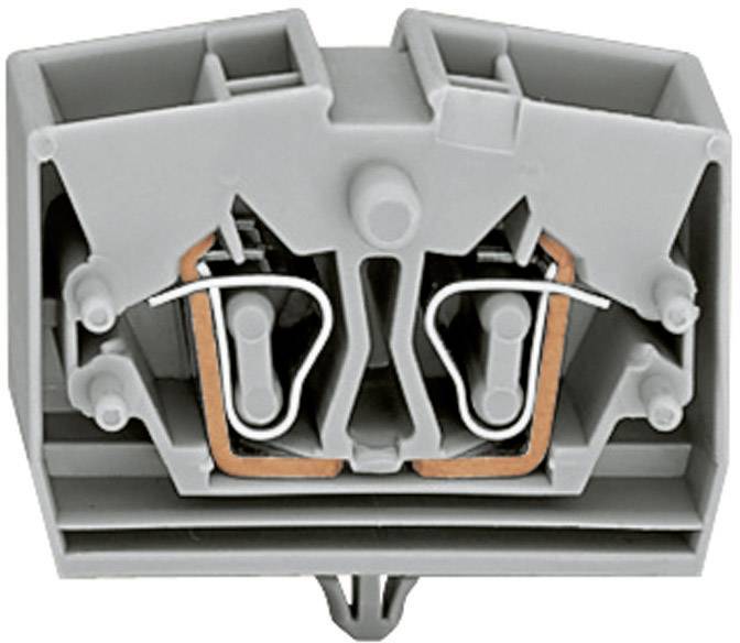 Connecteur électrique rectangulaire gris, avec deux bornes métalliques parallèles et un boîtier en plastique.