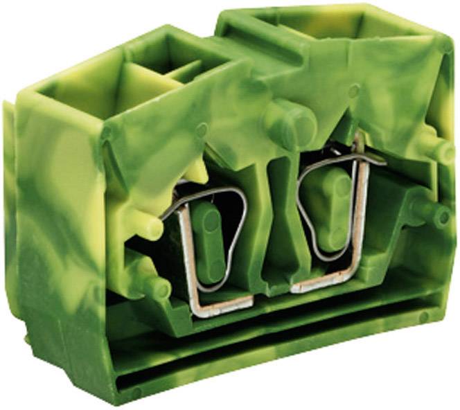 Connecteur en plastique vert, rectangulaire, avec deux emplacements et des contacts métalliques, utilisé pour les connexions électriques.