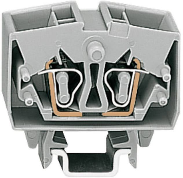 Barrette de connexion gris-orange à deux bornes permettant la fixation sécurisée des conducteurs électriques dans les armoires électriques.