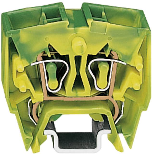Bloc de jonction vert et jaune avec contacts métalliques et boîtier en plastique, utilisé dans les installations électriques.