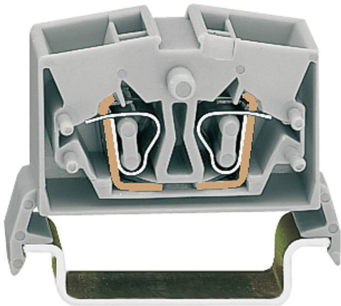 Un bloc de connexion électrique gris avec des agrafes métalliques montre la structure interne de raccordement des fils.