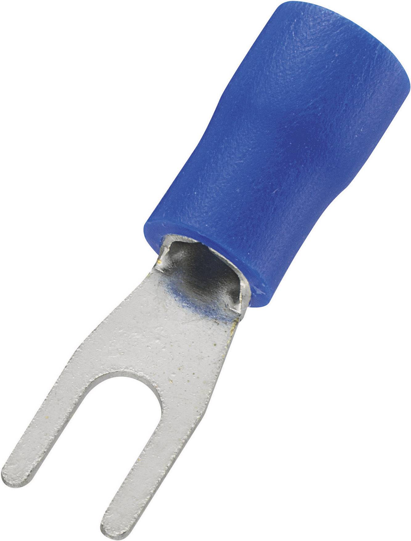 Une cosse de câble bleue en forme de fourche, utilisée pour les connexions électriques, avec une extrémité métallique à fourche destinée à être fixée sur des bornes.
