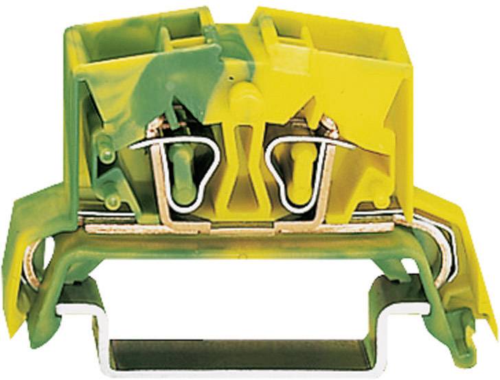 Bloc de bornes jaune-vert pour connexions électriques, avec éléments métalliques et boîtier en plastique.
