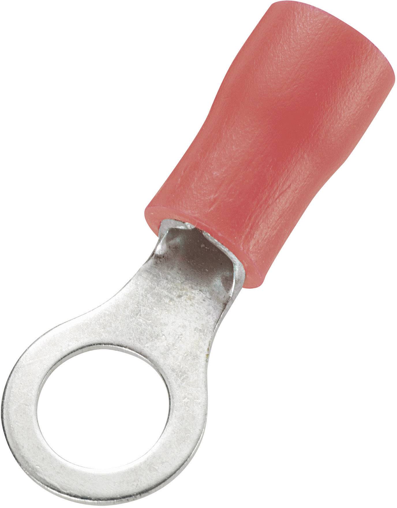 Cosse de câble rouge avec raccordement à anneau métallique. Utilisée typiquement pour connecter des câbles électriques de manière sécurisée.