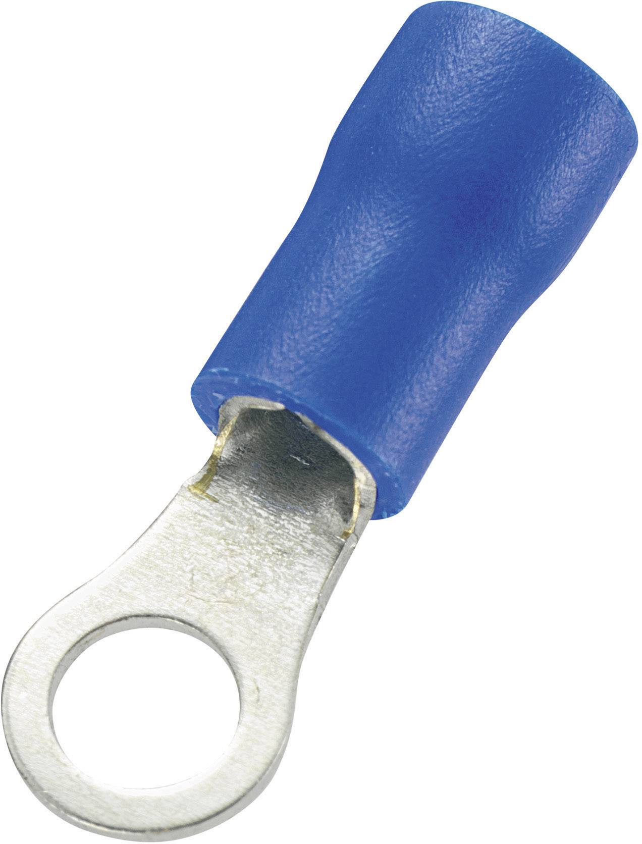 Cosse de câble bleue avec boucle métallique, utilisée pour connecter des câbles électriques aux bornes à vis ou à boulons.