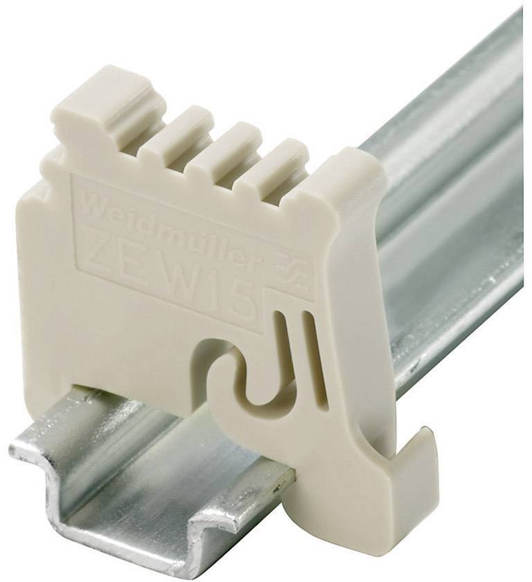 Support en plastique de Weidmüller, beige, pour rail de montage. Contient le logo de l'entreprise et la désignation du produit 'ZEW15'.