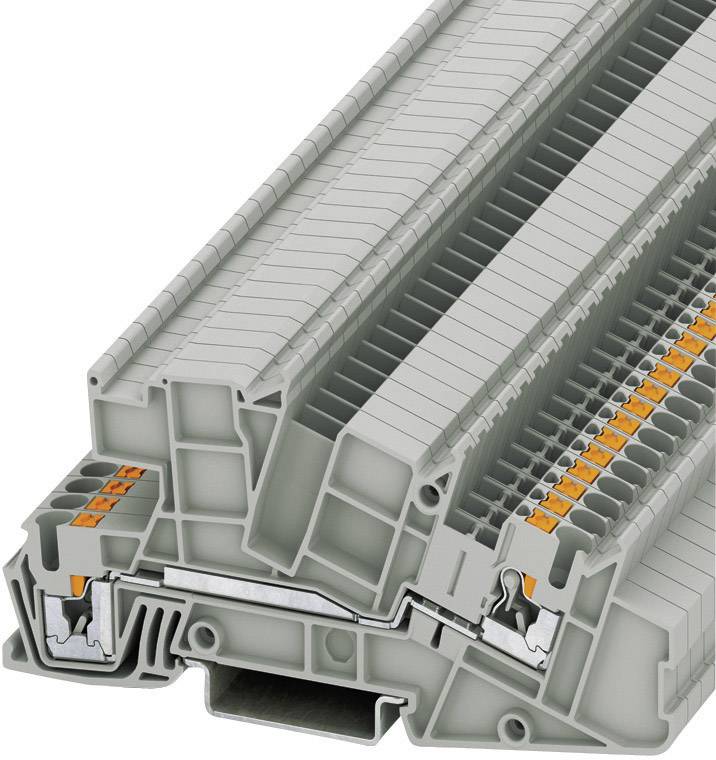 Barrette de connexion électrique grise avec plusieurs emplacements, bornes de câblage et marquages orange, ouverte pour montrer sa structure interne.