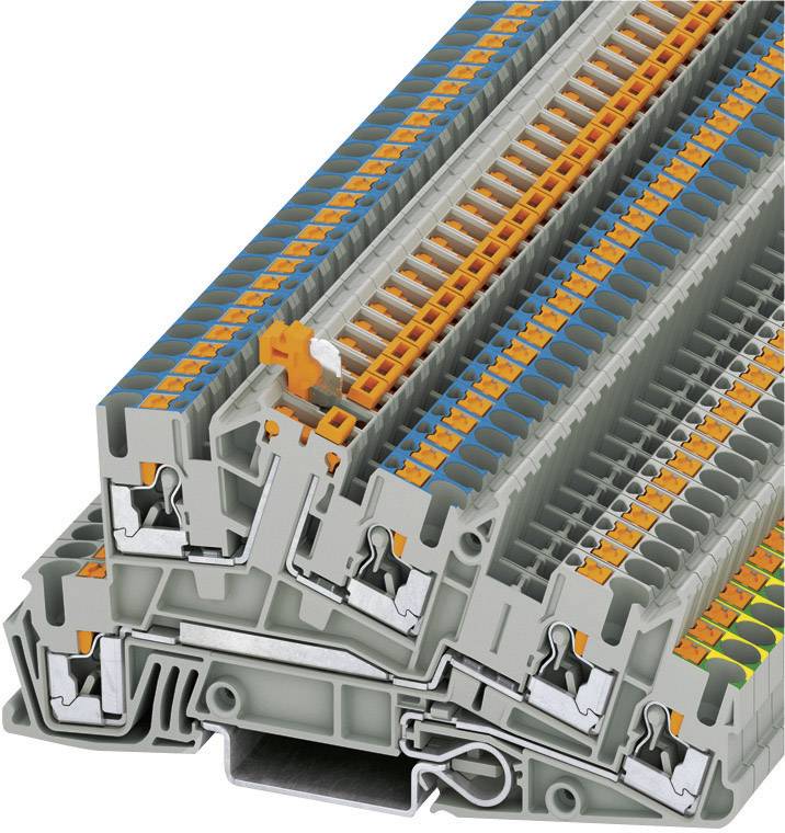 Une pile de borniers gris, bleus et oranges, utilisés pour connecter et organiser les câbles électriques dans les tableaux électriques.