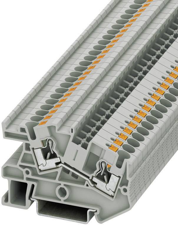 L'image montre une barrette de connexion grise avec des contacts orange, destinée aux connexions électriques dans les applications d'armoires électriques.
