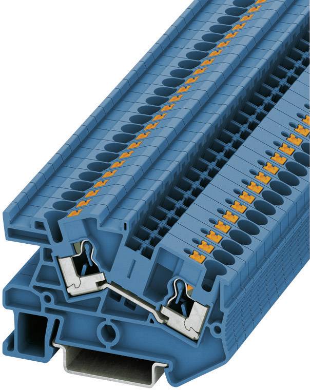 Un module de bornes électrique bleu à plusieurs connexions, composant typique des systèmes de câblage électronique.