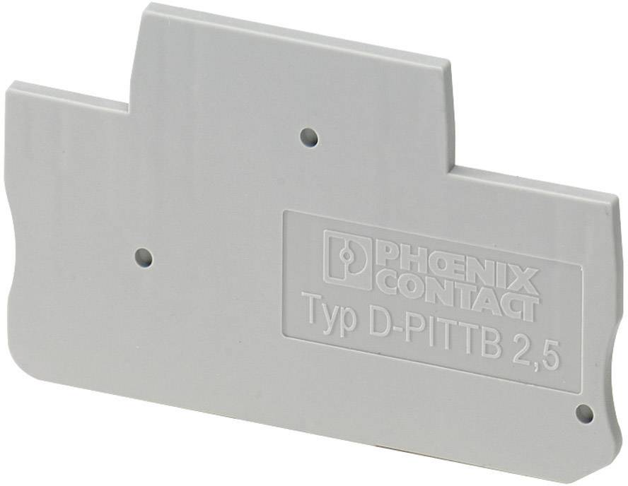 Capuchon de terminaison gris avec inscription 'PHOENIX CONTACT Type D-PITTB 2,5', utilisé pour couvrir des bornes de jonction, avec deux trous de fixation.