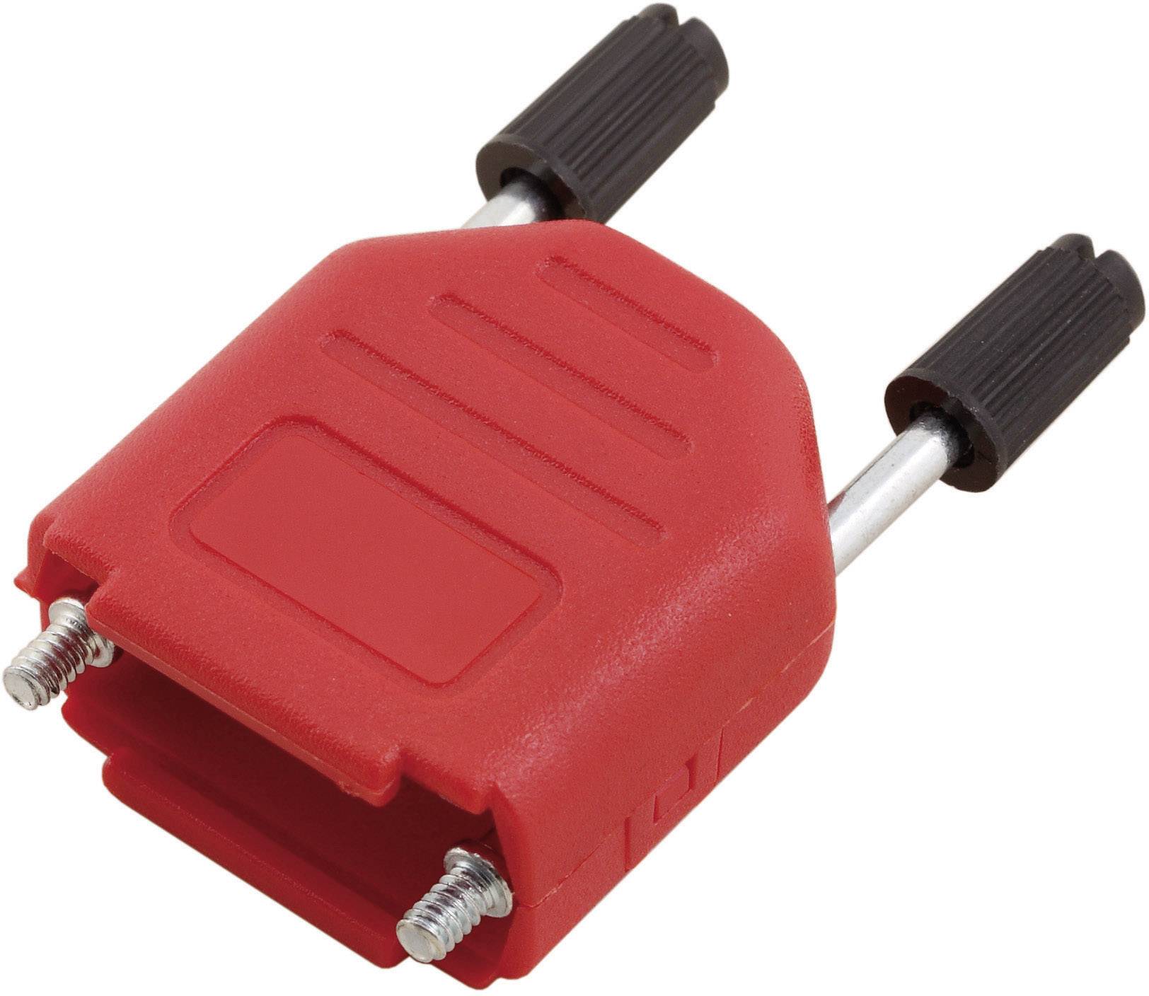 Boîtier électrique rouge pour fiche banane avec deux adaptateurs de tige noirs et des fermetures à vis, pour la connexion de câbles.
