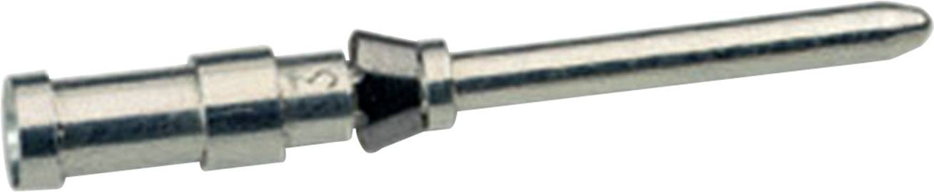 Broche métallique cylindrique, avec un petit épaulement au centre et une extrémité longue et droite. Utilisée pour les connexions électriques.