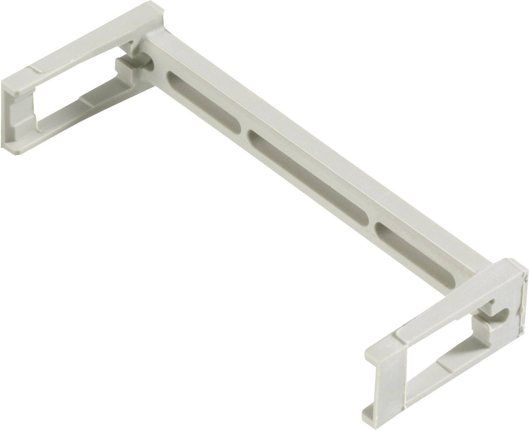 Un bras en plastique gris, rectangulaire, avec des ouvertures aux deux extrémités, probablement un élément de montage ou de connexion pour des installations techniques.