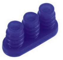 Trois objets cylindriques bleus côte à côte, fixés sur une base ovale. Pourrait être un élément de connexion ou un joint d'étanchéité.