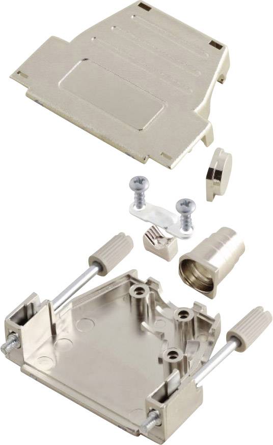 Boîtier métallique pour connecteur, représenté en vue éclatée avec partie supérieure et inférieure, presse-étoupe, et vis visibles.