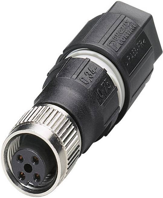 Un connecteur industriel noir avec un verrou métallique, quatre broches, et une étiquette sur le dessus. Adapté pour des connexions électriques robustes.