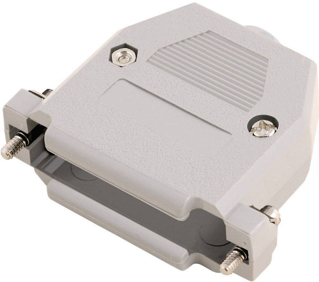 Boîtier en plastique gris uniforme pour fiche D-Sub, deux vis de fixation, adapté aux connexions électroniques.