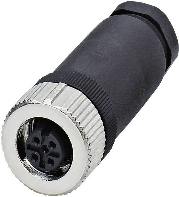 Un connecteur M8 noir et argenté à quatre broches, utilisé pour connecter des appareils électroniques dans des applications industrielles.