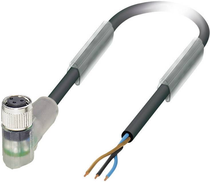Un connecteur M12 avec un câble coudé et des extrémités de fil dénudées. Adapté aux applications industrielles.