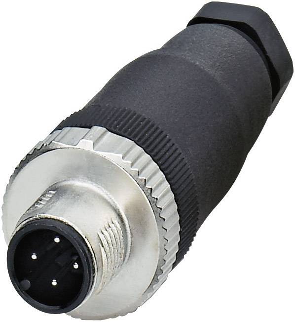 Fiche avec boîtier métallique et poignée noire, présentant quatre broches de connexion.