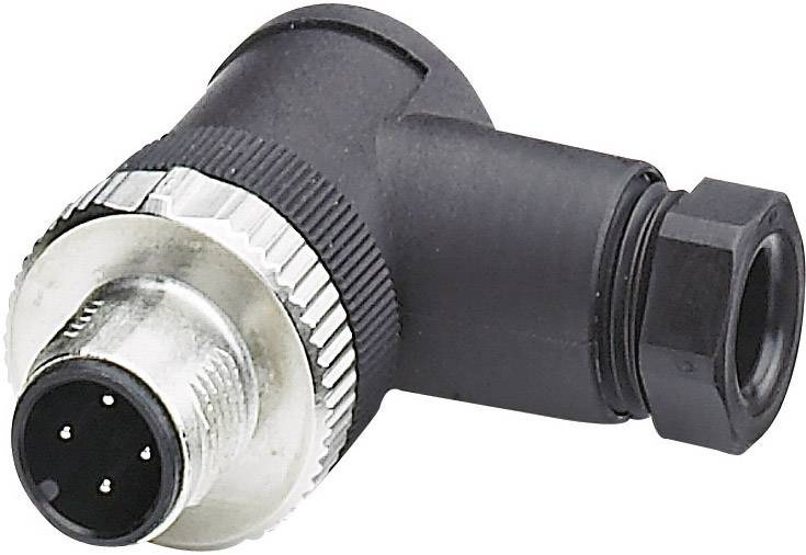 Un connecteur noir coudé à 4 pôles avec un filetage métallique, typiquement utilisé dans les connexions électroniques.